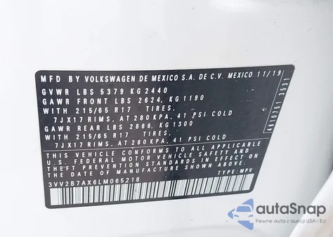 2020 Volkswagen Tiguan 2.0T Se/2.0T Se R-Line Black/2.0T Sel z USA, uszkodzony, nr VIN 3VV2B7AX6LM065218